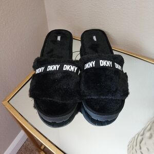 DKNY black faux Fur slides NEW size 10